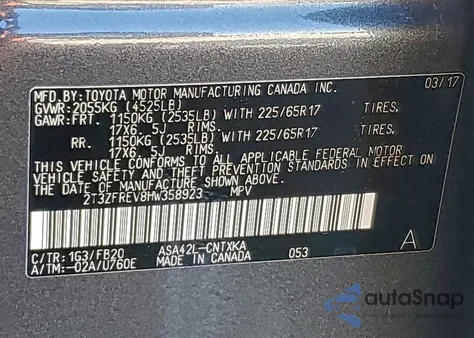 2017 Toyota Rav4 Le из США, поврежденный, VIN 2T3ZFREV8HW358923